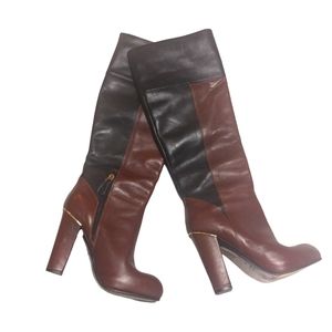 Two Toned Black & Brown Knee High Leather Boots with Gold Accents